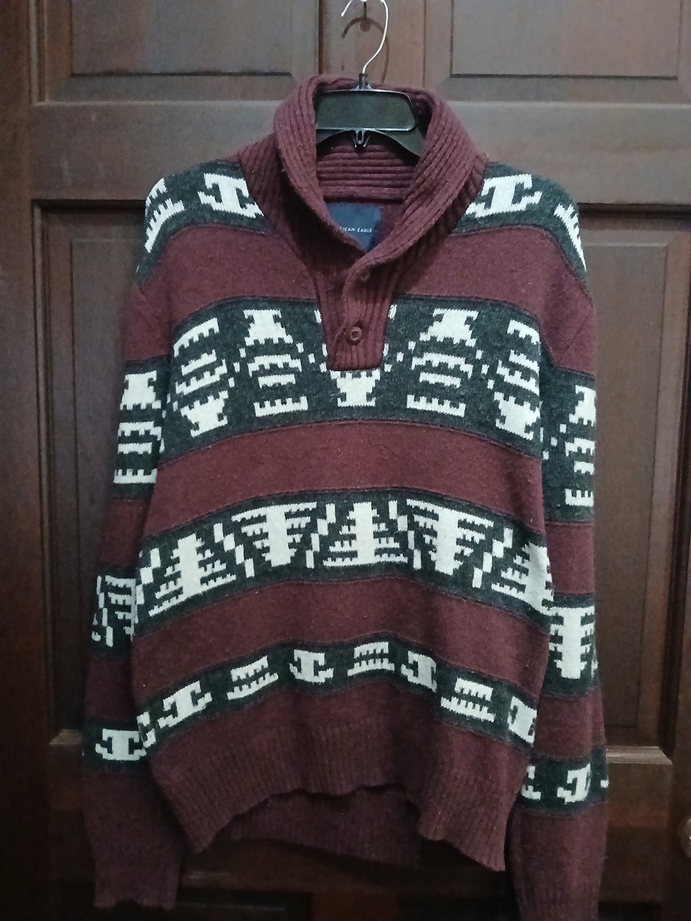 Men's American Eagle Burgundy Aztec Patterned Shawl Collar Sweater Size,M